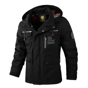Men's slim-fit casual jacket with letter print, zipper hood, Outdoor Waterproof Soft Shell Hooded Military Tactical Jacket