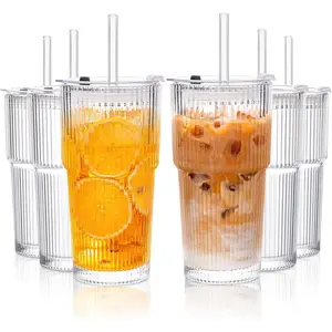 8 Pack Ribbed Glass Cups 8 Lids 8 Straight Straws 2 Brushes 4 Pack Unribbed Glass Cups 4 Straws 4 Wooden Lids 4 Plastic Lids 2 Brushes 1 Cup Brush Multi Set Glass Drinkware For Kitchen Party