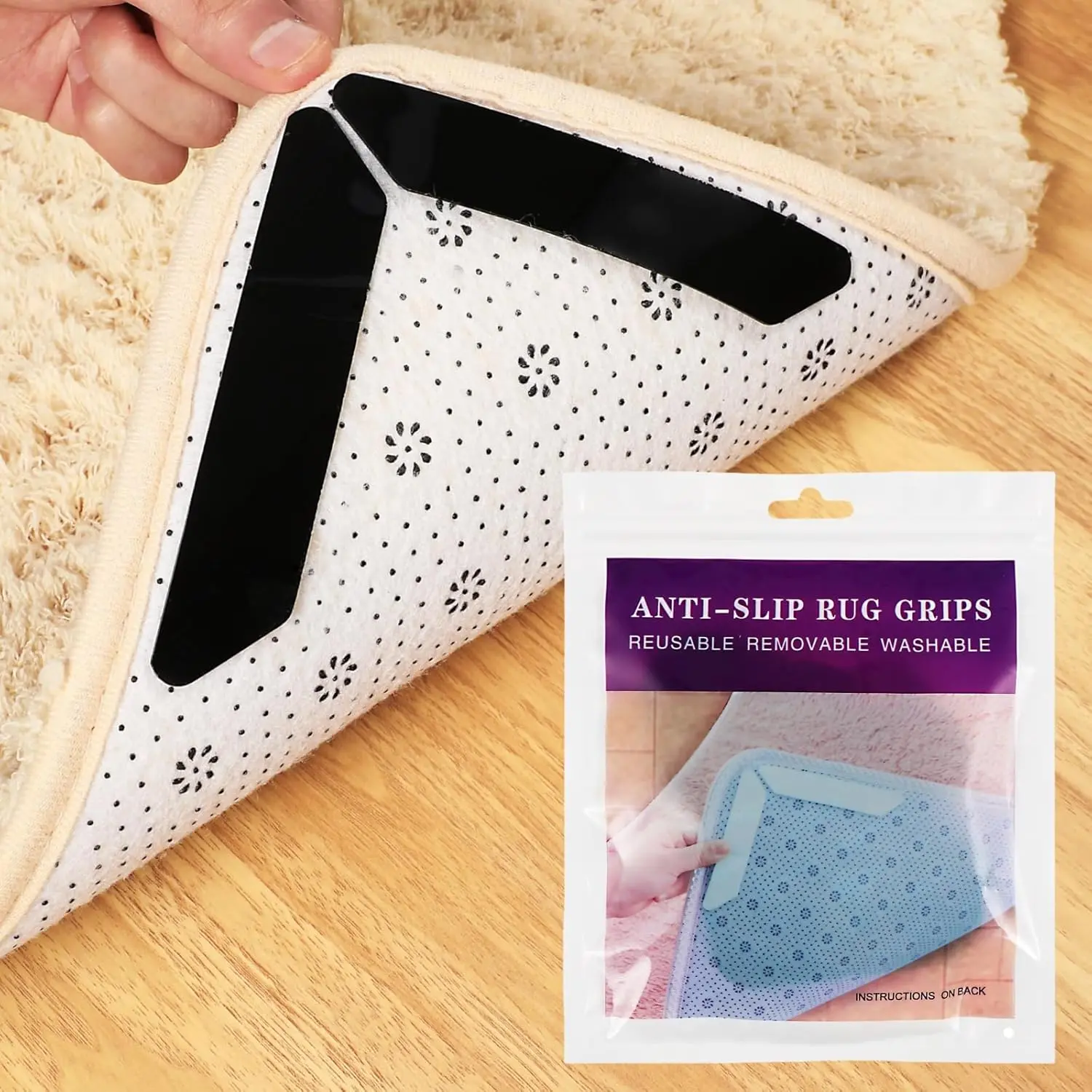 Rug Pad Gripper, Washable Reusable Carpet Tapes Keep Rug Flat, Rug Stickers for Hardwood Floors and Tile, Double Sided Non-Slip