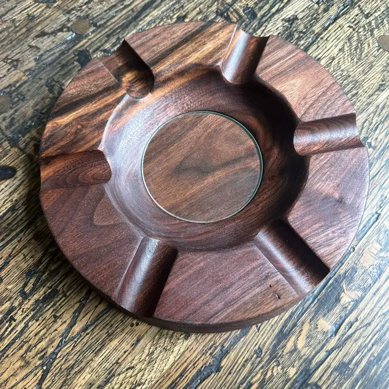 Handcrafted Wooden Cigar Ashtray – Solid Hard Wood, Round Sixster