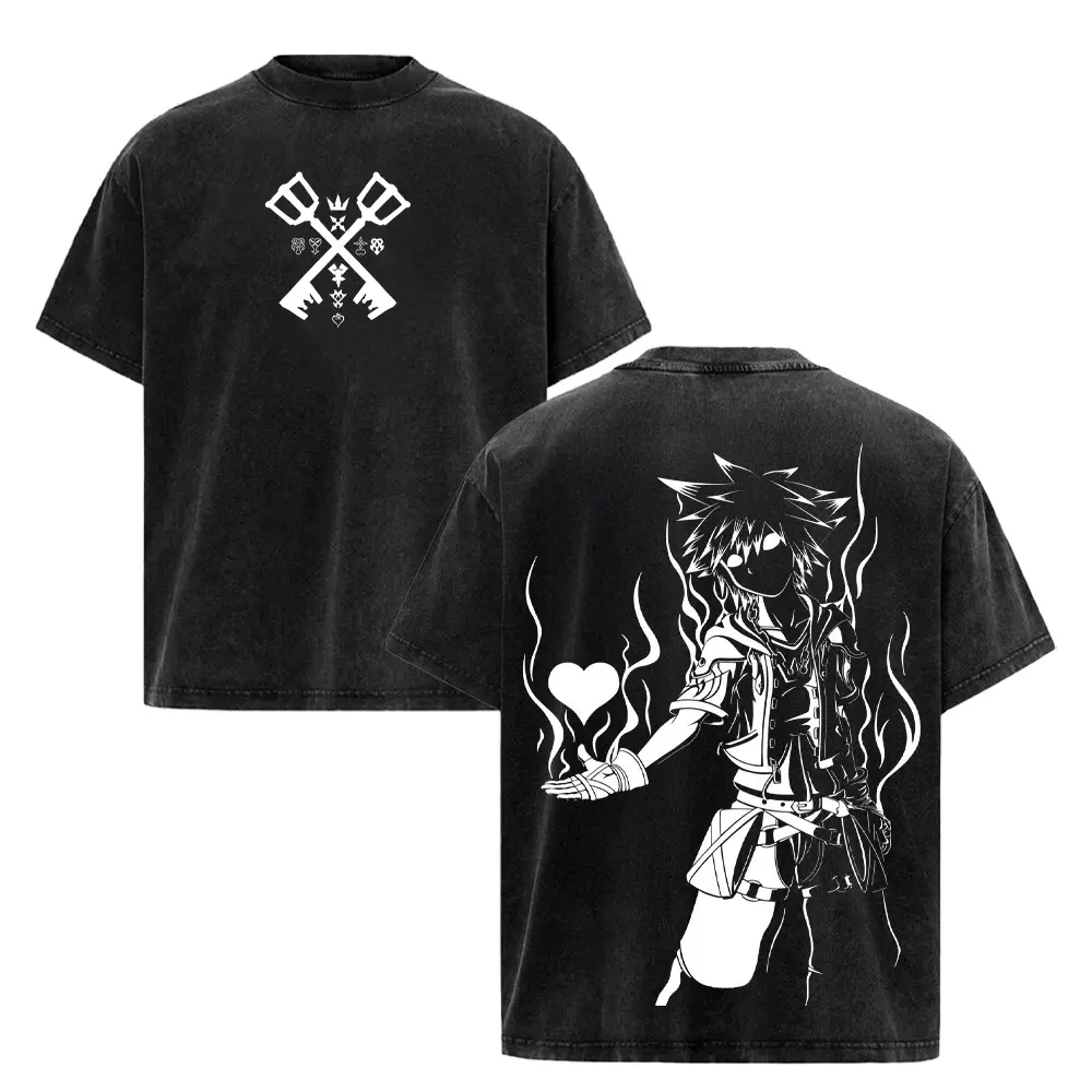 Kingdom Hearts Sora Shadow Heart Vintage Wash Tribal Emblem Graphic T-Shirt, Keyblade Master Anime Sweatshirt Design, Retro RPG Gamer Merch, Light vs Dark Silhouette Aesthetic, Unisex Cotton Apparel