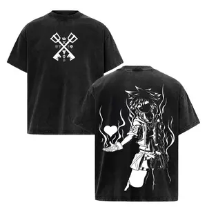 Kingdom Hearts Sora Shadow Heart Vintage Wash Tribal Emblem Graphic T-Shirt, Keyblade Master Anime Sweatshirt Design, Retro RPG Gamer Merch, Light vs Dark Silhouette Aesthetic, Unisex Cotton Apparel