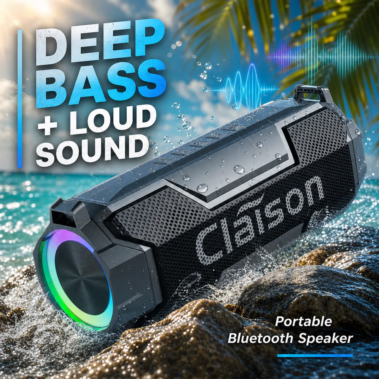 Claison Portable Bluetooth Loudspeaker - IPX6 Waterproof Outdoor/ Camping Speaker with Deep Bass, RGB LED Lights, USB Type-C Charging