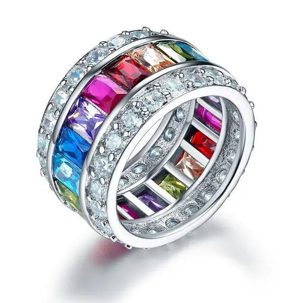 Emerald Cut Multi-Color Ring, Wide 925 Sterling Silver Band for Women, Wedding Anniversary Jewelry, Just Because Gifts, Luxury Gift Box, Adults, Size 8, 12 Mm, Bold Statement, High Polished