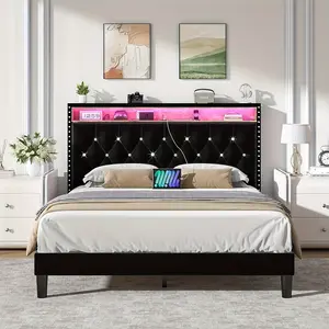 HOMBCK [LED Bed Frame] Bed Frame with LED Lights, Velvet Upholstered Platform Bed with Storage Headboard, Charging Station And Diamond Tufted Design - No Box Spring Required - Easy Assembly - Black