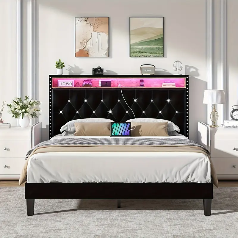 HOMBCK [LED Bed Frame] Bed Frame with LED Lights, Velvet Upholstered Platform Bed with Storage Headboard, Charging Station And Diamond Tufted Design - No Box Spring Required - Easy Assembly - Black,dorm essentials#SohoChic