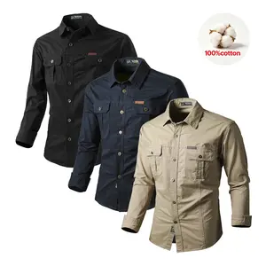 3 Pack Men's 100% Cotton Long Sleeve Cargo Shirts, High Density Wind Resistant Durable Work Shirts with Chest Pockets, Loose Fit 3D Tailored Casual Tops for Hiking Fishing Camping Daily Wear
