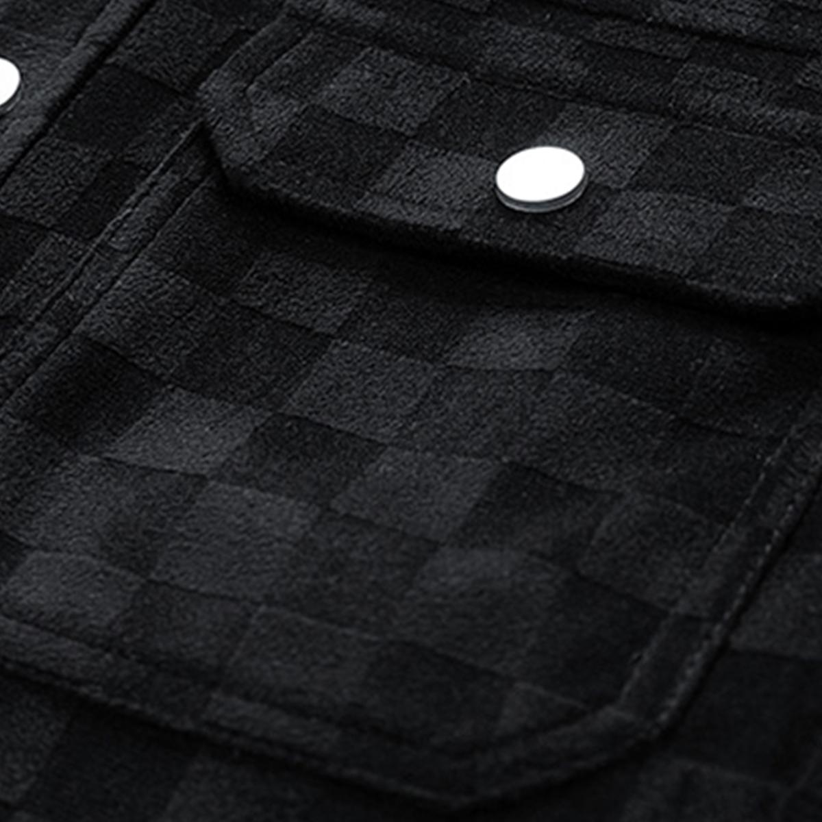 New Men's Black Printed Suede Jacket with Front Flap Pockets and Button Closure - Perfect for Fall Wear Stylish and Practical Outerwear Aesthetic Design Men's Fashion Outfit