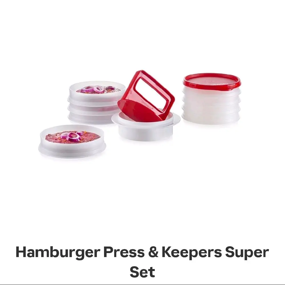 Tupperware Hamburger Press & Keepers Super Set with Handle for Easy Meatball and Hamburger Making Includes 8 Freezer-Safe Keepers and 4⅞x1" Seal