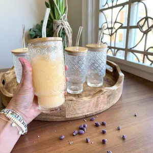Vintage Glass Cups with Bamboo Lids and Straws–4Sets 11oz Iced Coffee Cups for Women, Aesthetic Glass Tumblers for Juice, Cocktail, Whiskey – Housewarming Gifts for New Home, Coffee Bar Accessories