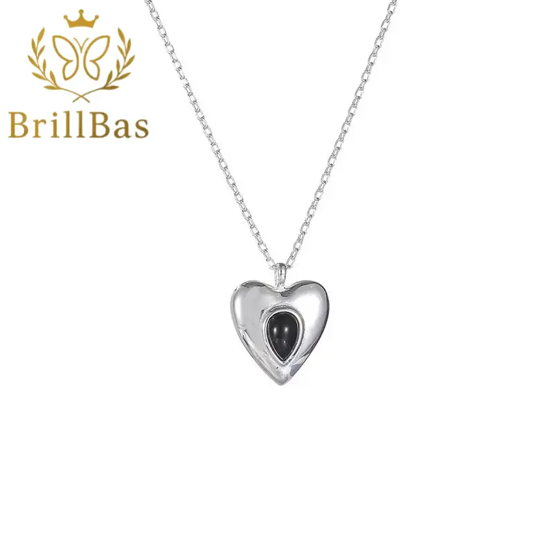 BrillBas-CMM012-S925 Silver Agate Water Drop Heart-Shaped Necklace for Women – Luxury, Niche, High-End Design – Valentine’s Day Gift