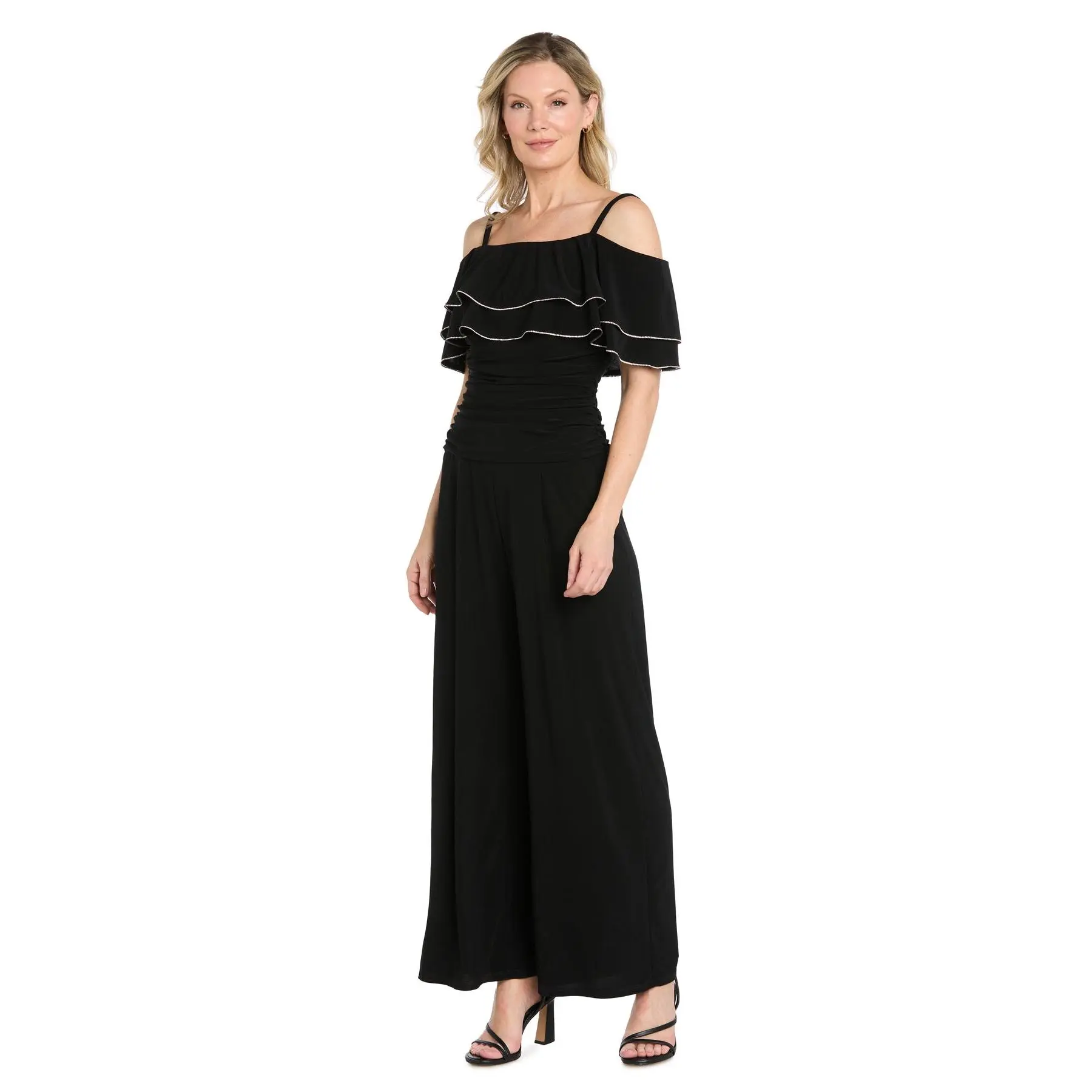 Off-the-Shoulder Sequin Ruffle Wide-Leg Jumpsuit - Petite