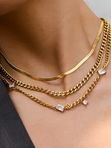 Lady's Gold Necklace Classic and Simple Neck Accessory Stainless Steel 18k Gold-Plated Waterproof Strap, White Square Zircon Blade Chain, Nk Chain, Long Oval Live Buckle, Lock Buckle, Functional Buckle, Flat Chain, Bohemian-Style Jewelry Beach Vacation-St