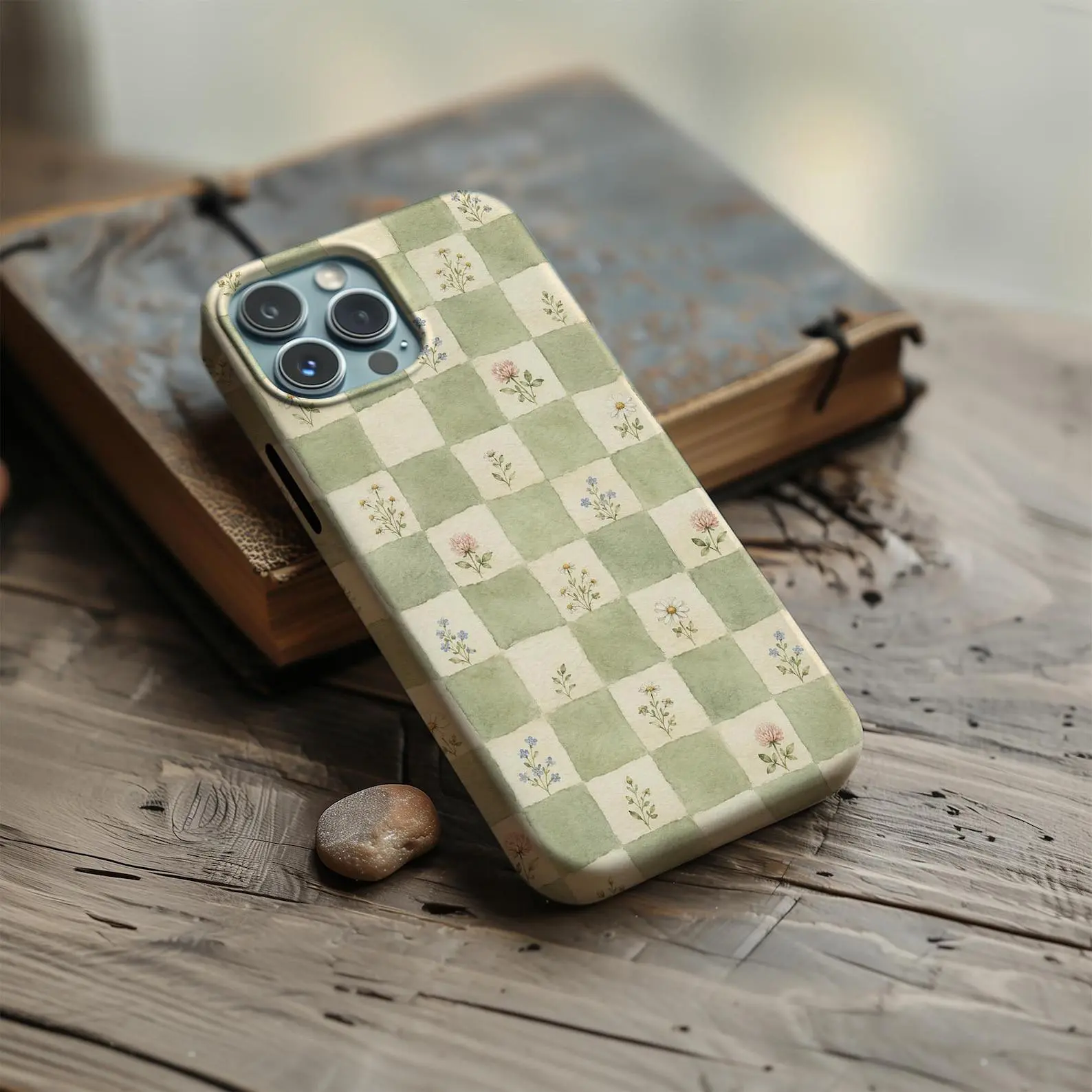 Cottagecore Phone Case, Sage Green Checkered Floral iPhone Case, Watercolor Wildflower Boho Aesthetic Cover, Vintage Cottage Gift for Her