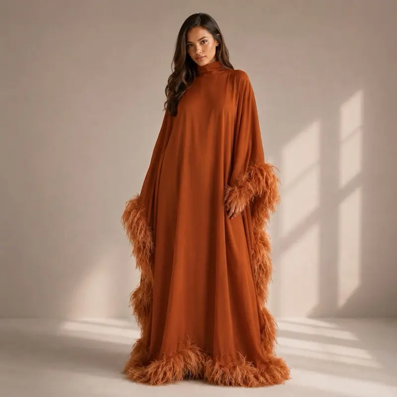 Women's Formal Satin Kaftan Evening Gown - Elegant High Neck, Dramatic Feather Trim, Flowing Full-Length Silhouette, Comfortable Fabric, Lightweight with Graceful Movement, One Size Relaxed Luxury Fit
