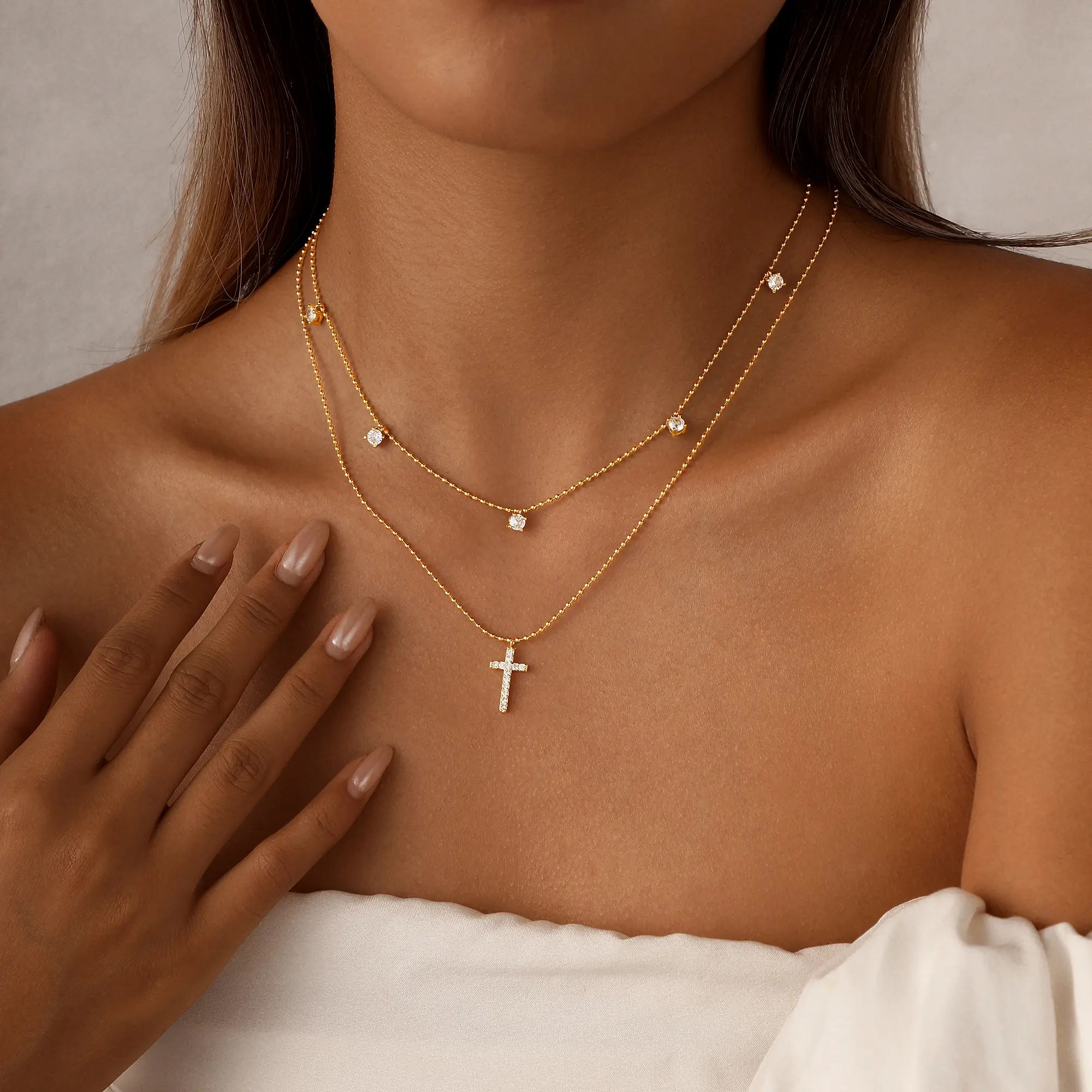AMICON  2pcs/set Stackable Cross & CZ Necklace Set, Unisex Gold-Tone Minimalist Jewelry, Trendy Double-Layer Pieces, Hypoallergenic Gifts For Him & Her,gifts for valentine's day for gf,valentines gifts for gf