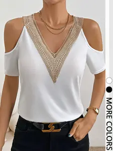 1pc Lace V-Neck Applique Hollow Out Short Sleeve Top, Solid Loose Slim Fit Elegant T-shirt Womenswear