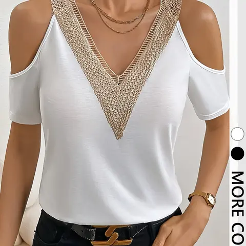 1 Piece V-Neck Hollow-Out Applique Short Sleeve Blouse, Solid Loose Cold-Shoulder Top, Casual Elegant Aesthetic T-Shirt, Womenswear, Fit