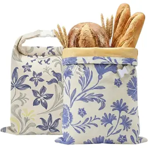 Beeswax Bread Bags for Sourdough & Homemade Bread (2 Pack), XL 13"x17" Large Reusable Cotton & Linen Bread Bag, Keep Loaves Fresh Longer, Natural & Easy to Clean (Classic Blue Floral)