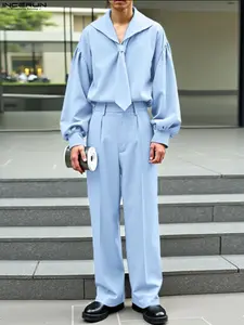 INCERUN Men's Solid Color Button Front Long Sleeve Shirt Set, Casual Lapel Neckline Design, Comfortable Daily Wear