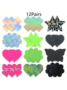 12 pairs of fluorescent neon party stickers - self-adhesive chest pads Bra, neon green, pink, blue, black - disposable no residue - for club,, photography - ladies and event makeup - elegant glittering party accessories, breathable material
