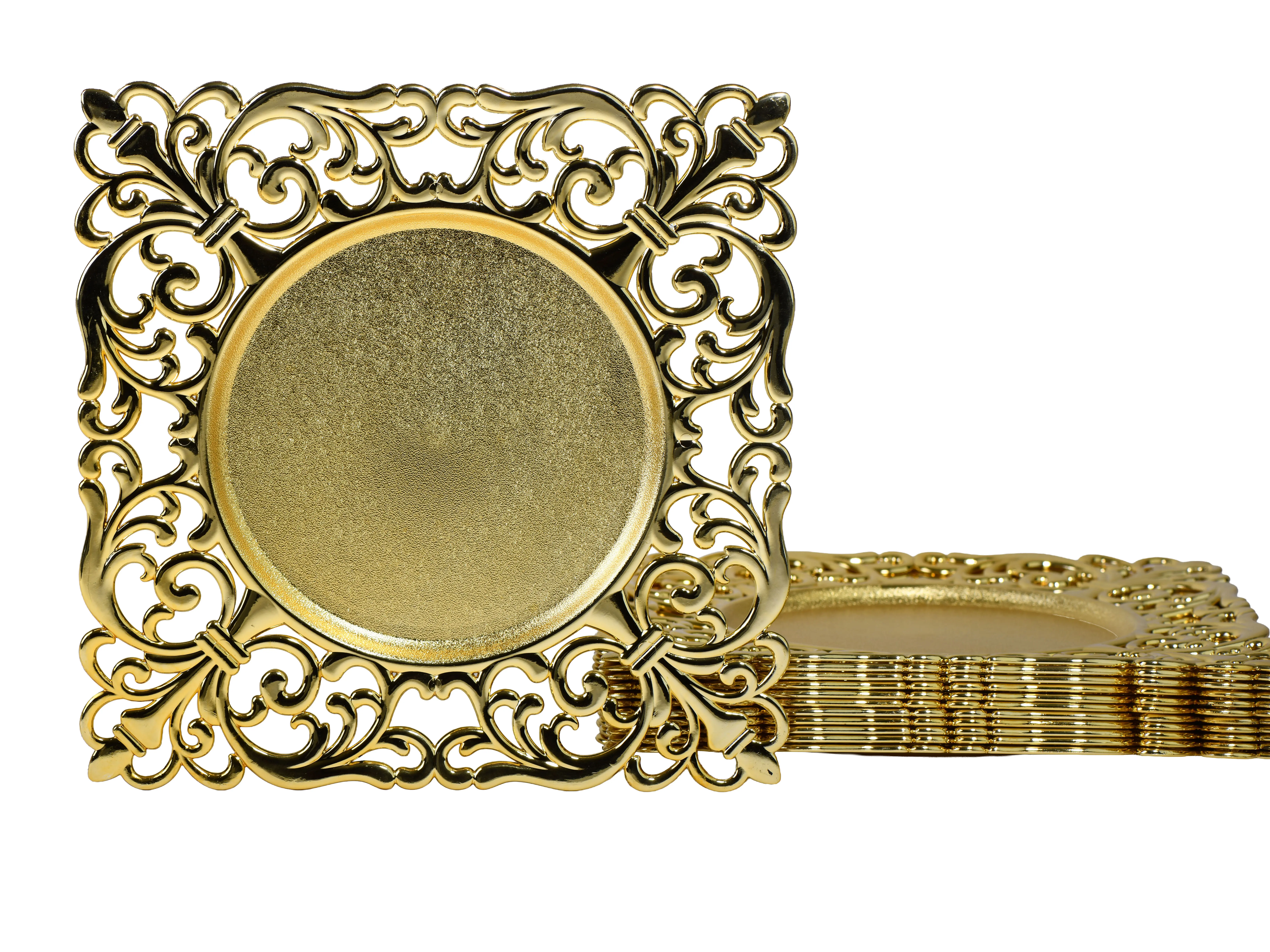Zenvix 12 Pack  Gold Square Charger Plates,12 Decorative Plates With Embossed Rims For Wedding And Dinner Party