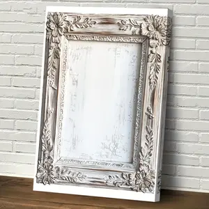 JIT 1PC White Lacquered Wooden Frame with Floral Accents and Intricate Carvings - , Perfect for Living Room or Bedroom Decor, Model Home Art Piece, Bedroom Wall Art  Floral Accent Frame Carved Wood Design, Wooden Wall Art Decor