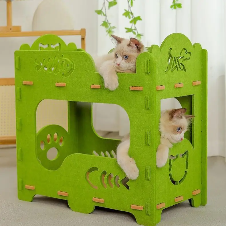 Double-layer felt cat bed with upper and lower tiers, scratch-resistant and stackable cat house featuring a perforated, breathable design, suitable for indoor kittens and multi-cat households.