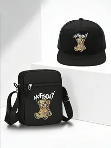 Hiphop Bear Print Set, Unisex Flat Brim Baseball Cap & Crossbody Bag, Street Fashion Outdoor Sports Hat & Bag, Adjustable Gift