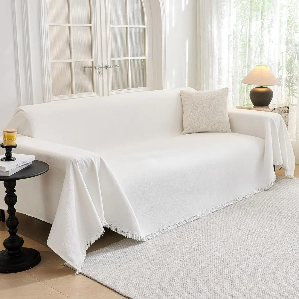 Sofa Covers For 2 Cushion Couch, L Shaped Couch. Washable Couch Cover With Tassels, Boho Style, Non Slip, Super Universal, Soft. Sofa Slipcover For Kids,Dogs,Pets, 71"x118", White