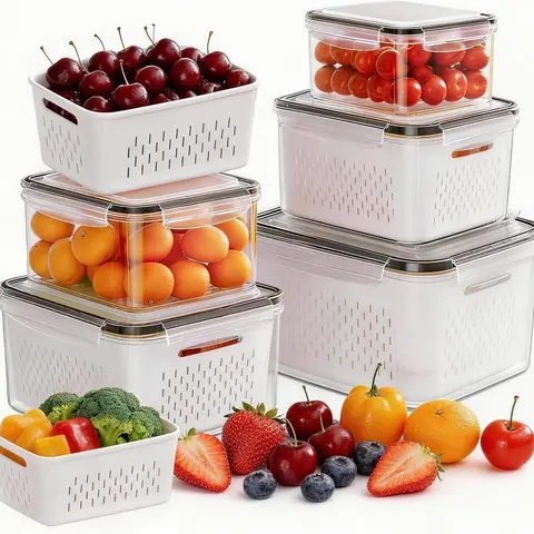 4-Pc Lockable Sealable Food Storage Canister Set - Kitchen Utensils & Gadgets, Dustproof Leak-Proof Fridge Containers with Removable Colander & All-in-1 Wash+Strain Bowl, Microwave/Dishwasher-Safe, Organizes Produce