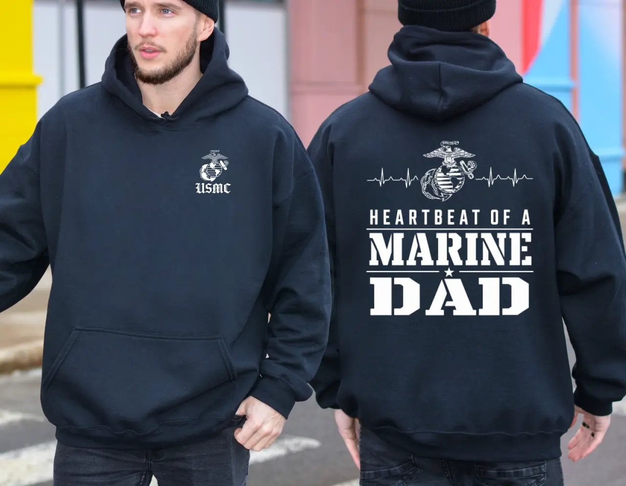 Heartbeat of a Marine Dad 2-Sided Hoodie, Proud USMC Father Pullover, Marine Corps Patriotic Graphic Hoodie, Veteran Family Gift for Dad