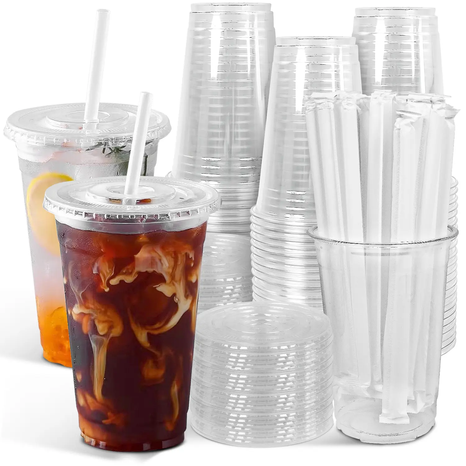Ginkgo 100-Pack 20oz Clear Plastic Iced Coffee Cups with Lids and Straws, Disposable To Go Cups for Smoothies, Milkshake, Cold Beverages, Coffee Bar Accessories