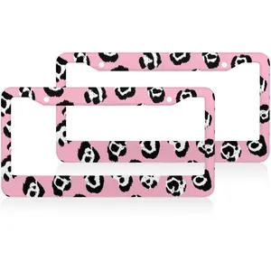 Pink Leopard Print License Plate Frames 2 Packs Aluminum Car Tag Cover Holder 12.2x6.3 Inch Auto Parts Decoration with Screws ﻿