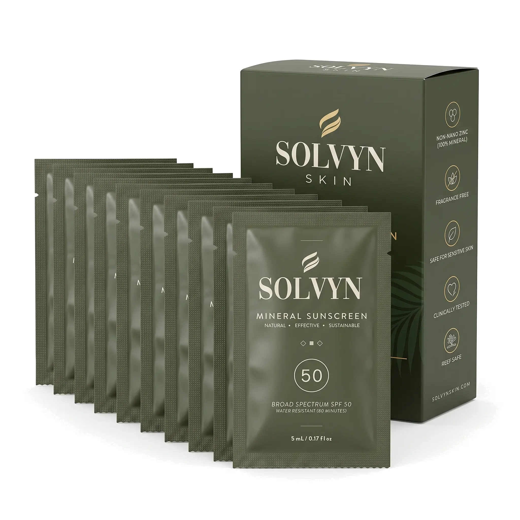 Solvyn Mineral Sunscreen SPF 50 Packets, Broad Spectrum, Water Resistant 80 Min, Non-Nano Zinc Oxide, Fragrance Free, Single-Use Travel Size, 10 Count