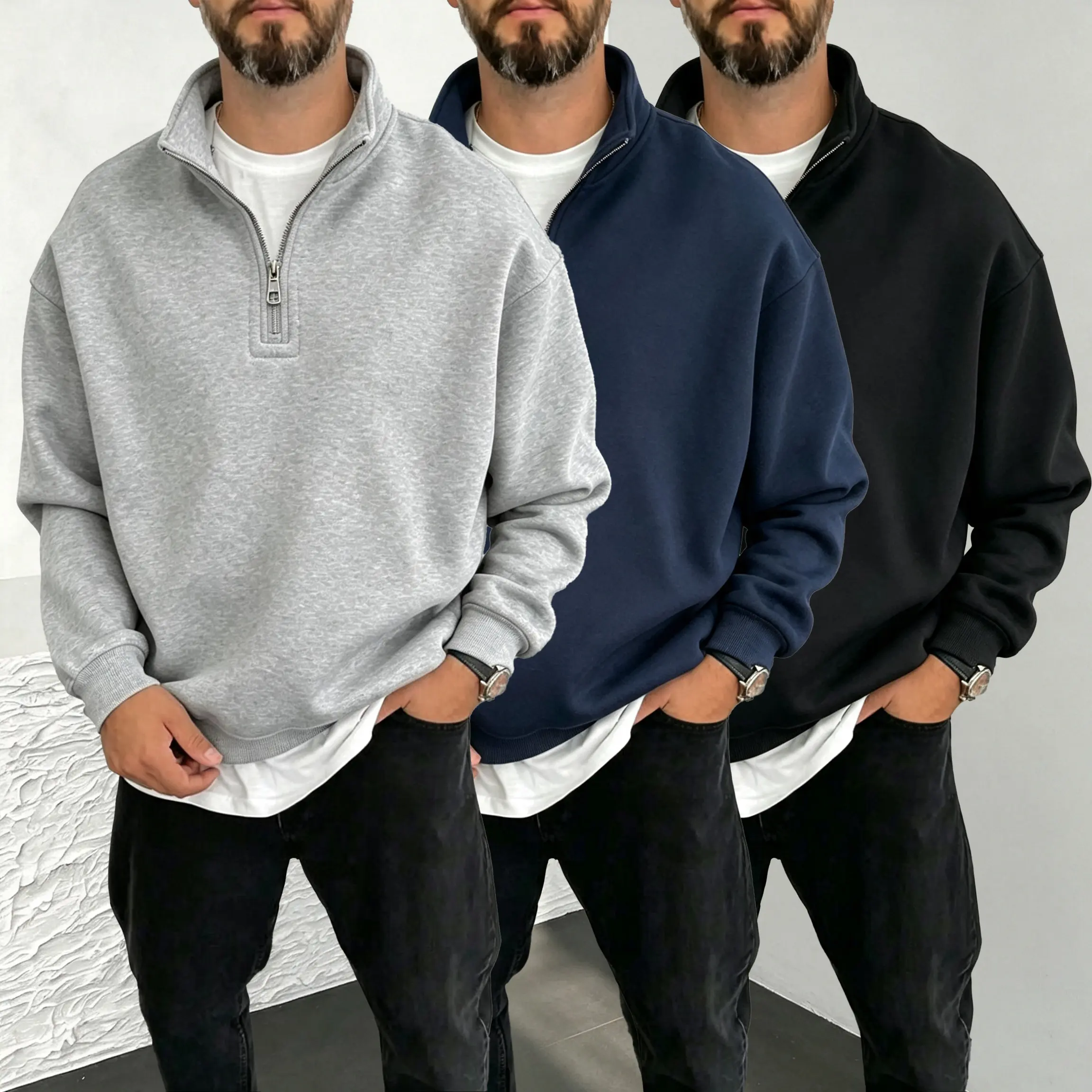 Men's Plain Quarter-Zip Sweatshirt, Stylish Oversized Polyester Fleece Pullover with Stand Collar for Casual Streetwear, Menswear, Longsleeves, Solid