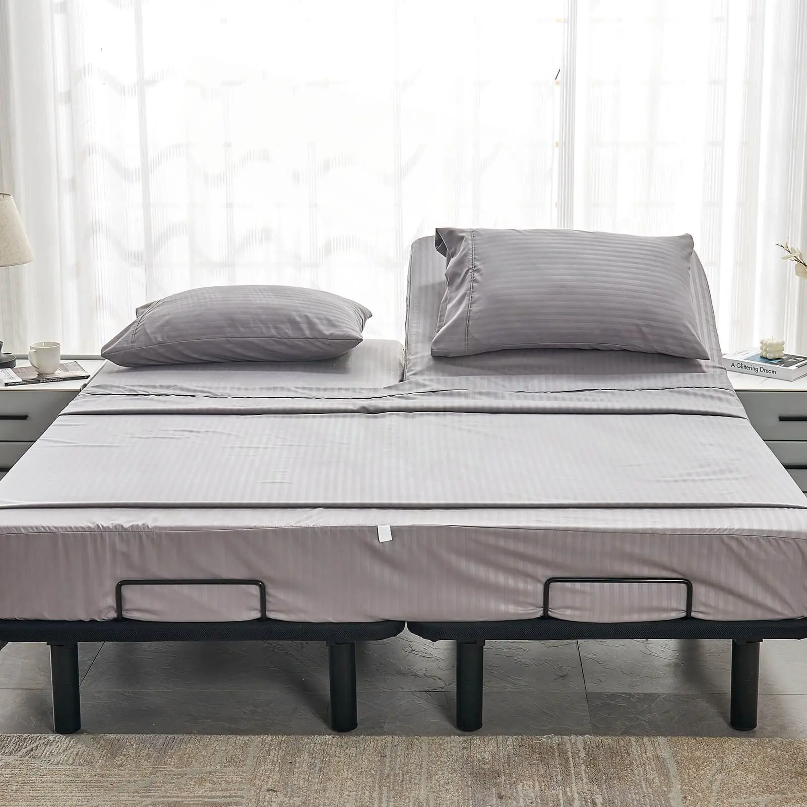 XL-Striped 32-34 Split Top King Sheets Sets for Adjustable Bed with Strap Soft Brushed 1800 Microfiber 4 Pieces Flex Head King Bedding Set Beige