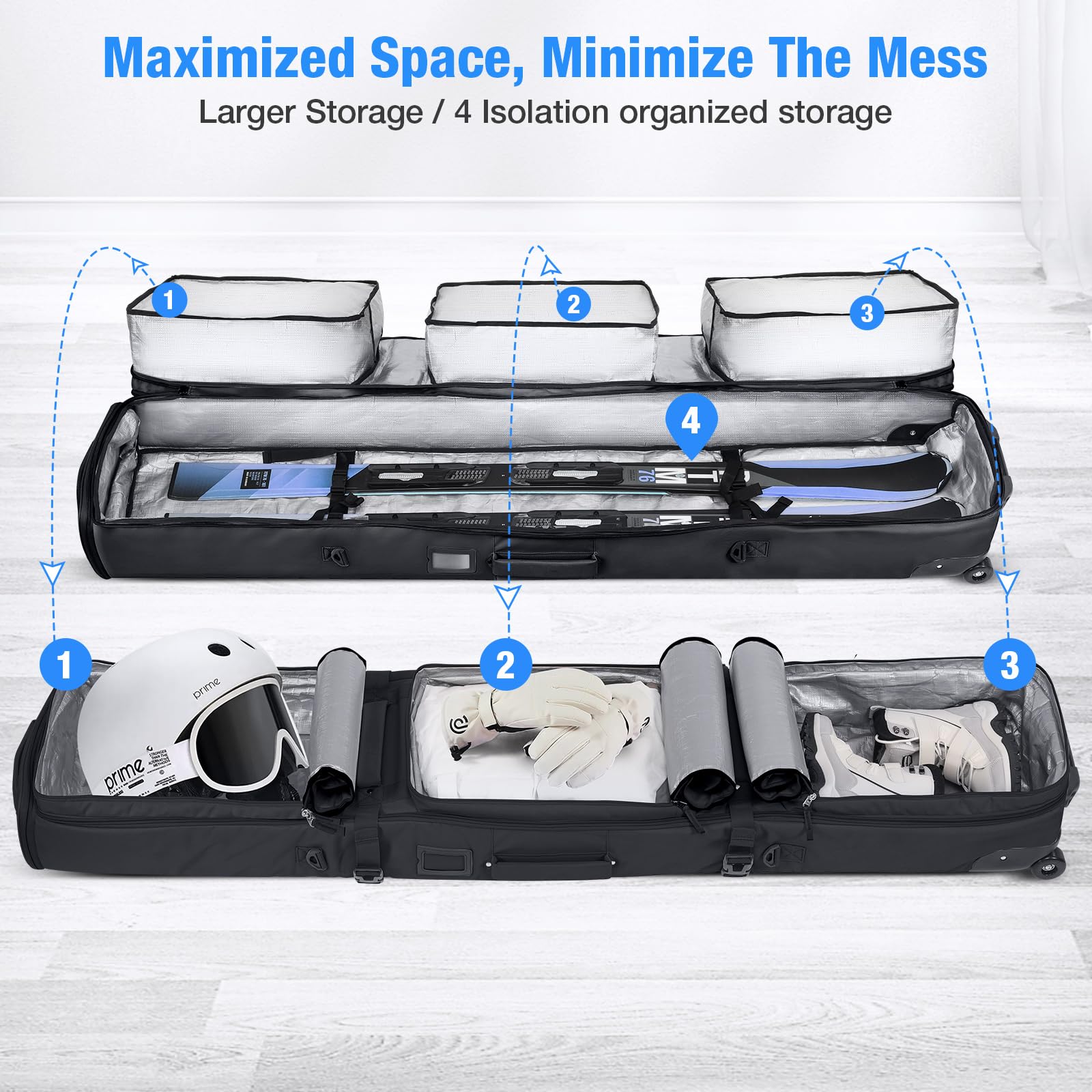 Waterproof Ski Bag with Wheels, Double Rolling Snowboard Bag for Air Travel Extendable From 155CM-187CM, with 3 Padded Outside Compartment Storage Helmet, Boots, Goggles, Jackets