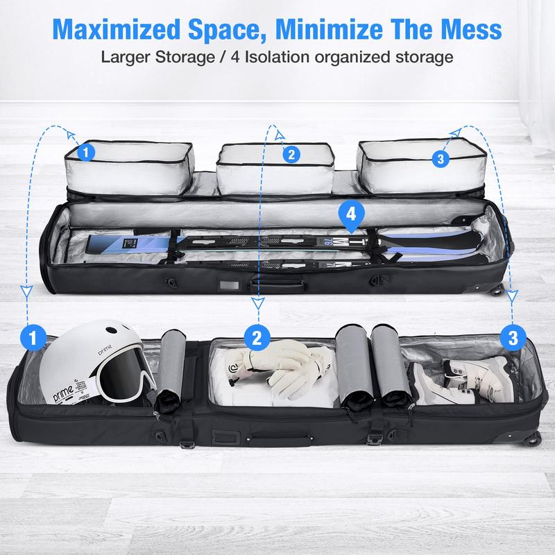 Waterproof Ski Bag with Wheels, Double Rolling Snowboard Bag for Air Travel Extendable From 155CM-187CM, with 3 Padded Outside Compartment Storage Helmet, Boots, Goggles, Jackets Waterproof Ski Bag with Wheels, Double Rolling Snowboard Bag for Air Travel Extendable From 155CM-187CM, with 3 Padded Outside Compartment Storage Helmet, Boots, Goggles, Jackets