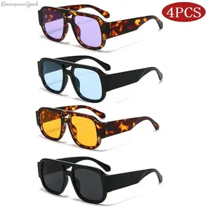 4-Pack Unisex Retro Double Bridge Large Square Sunglasses | Trendy Candy Color & Wide Temples | Fashion Stylish Shades | UV Protection Eyewear for Streetwear, Outdoor Sports, Travel & Daily Casual Matching