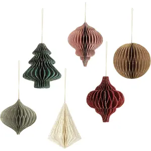 Christmas Party Decorations - 6 count 3D Mini Glitter Edge Paper Honeycomb Lantern Green, Red, Brown, , Gray Hanging Ornaments for Christmas Tree Decor,   Party,  Decor