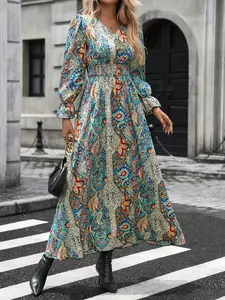 A women's bohemian print V-neck long-sleeved waisted long skirt, Boho printed dress, suitable for bohemian retro style, literary fashion style, vacation, literary activities