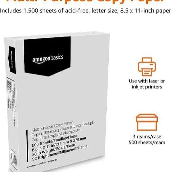 Amazon Basics Multipurpose Copy Printer Paper, 20 lb, 8.5 x 11 Inches, 3 Reams (1,500 Sheets), 92 Bright White for Home Use