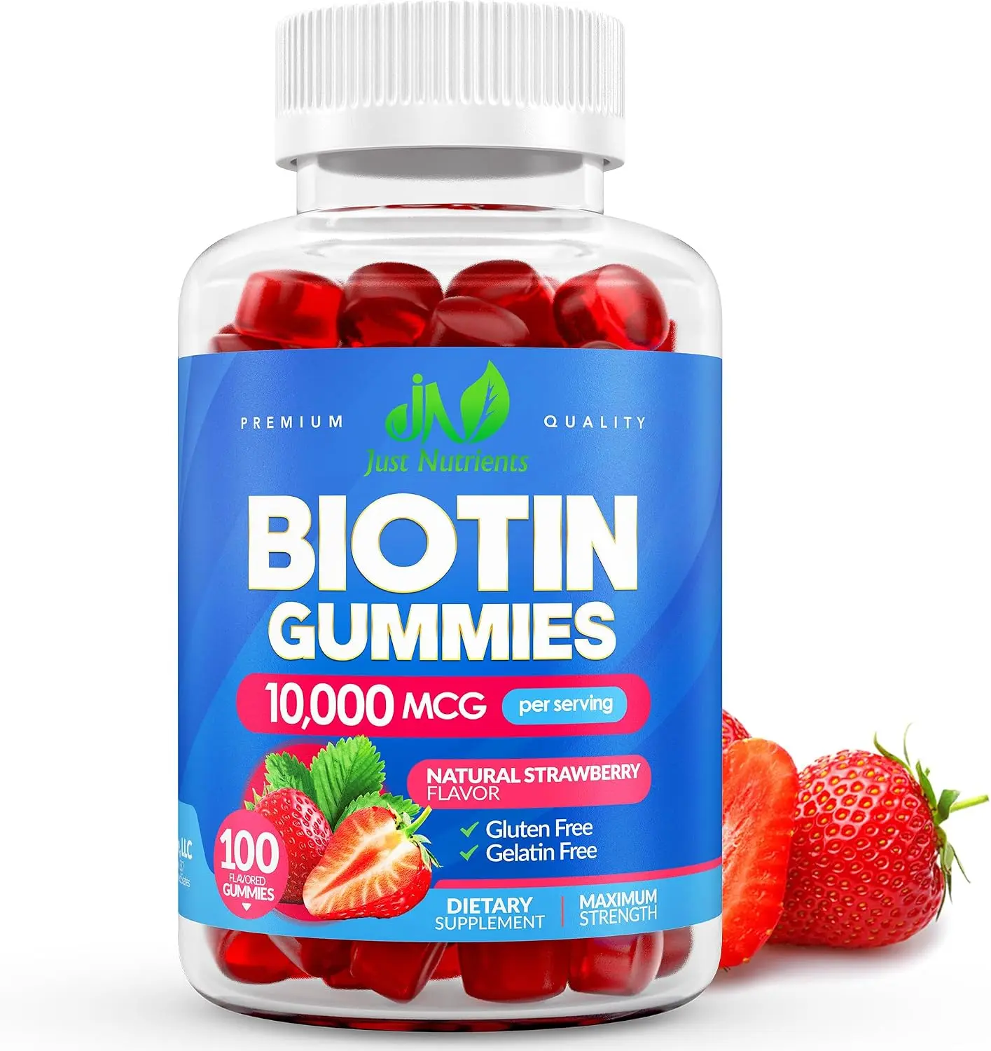 Biotin 10000mcg Gummies 2x Maximum Strength for Hair Growth, Skin & Nails | Strawberry Flavored Vitamin B7 Chewables for Women & Men | Vegan & Gluten-Free Beauty Supplement | 100 Count