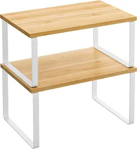 Cabinet Shelf Organizer, Extendable Countertop Shelves Set of 2, Kitchen Spice Racks, Stackable, Storage Racks for Cupboard, Sink, Pantry, Bathroom, Natural, Metal