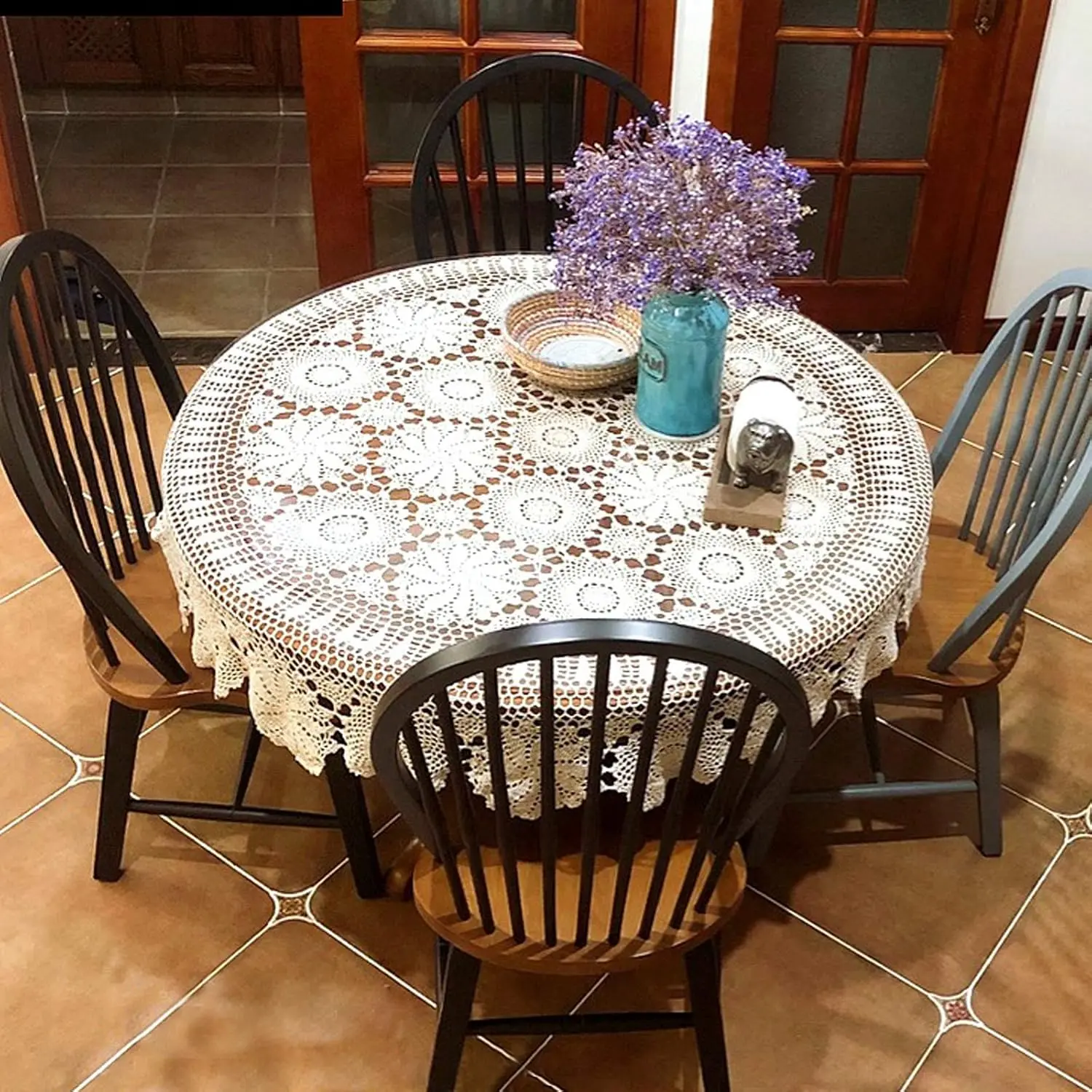 52" (130cm Diameter) Round Vintage Handmade Crochet Cotton Tablecloth - 2mm Thickness, White Rustic Hollow-Out Floral Doily with Stretch Elasticity for Home Decor, Wedding Reception Kitchenware