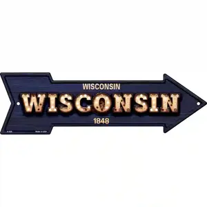 Wisconsin Bulb Lettering With State Flag Novelty Metal Arrow Sign