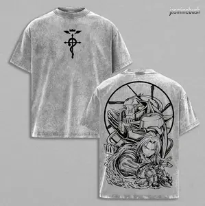 Fullmetal Alchemist Brotherhood Oversized Washed Graphic Tee – Vintage Heavy Cotton T-Shirt, Classic Anime Streetwear Top, Perfect for Manga Lovers & Dark Fantasy Fans