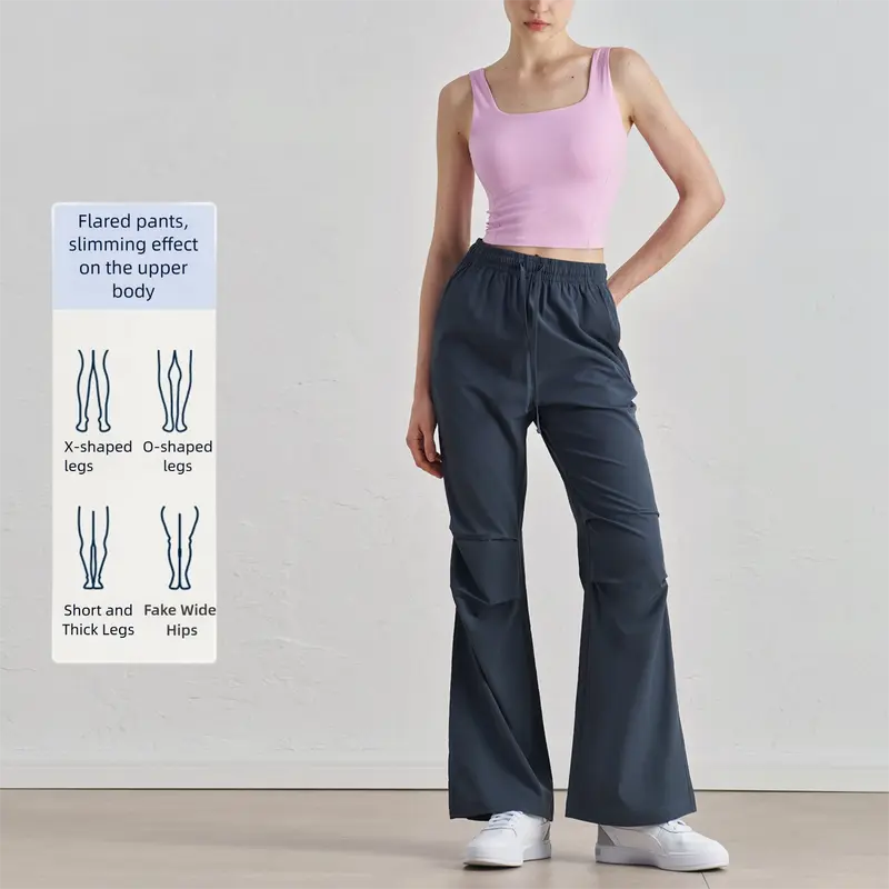 Wide-Leg Petite Cargo Pants for Women, Cool Style, Pleated Drawstring Paratrooper Pants, Outdoor Sports Casual Quick-Dry Hiking Pants Bottoms Womenswear Basic Black Minimalist