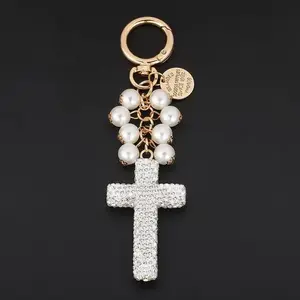2025 New All diamond bow string pearl Cross keychain Car key ring decoration Keychain bag decoration